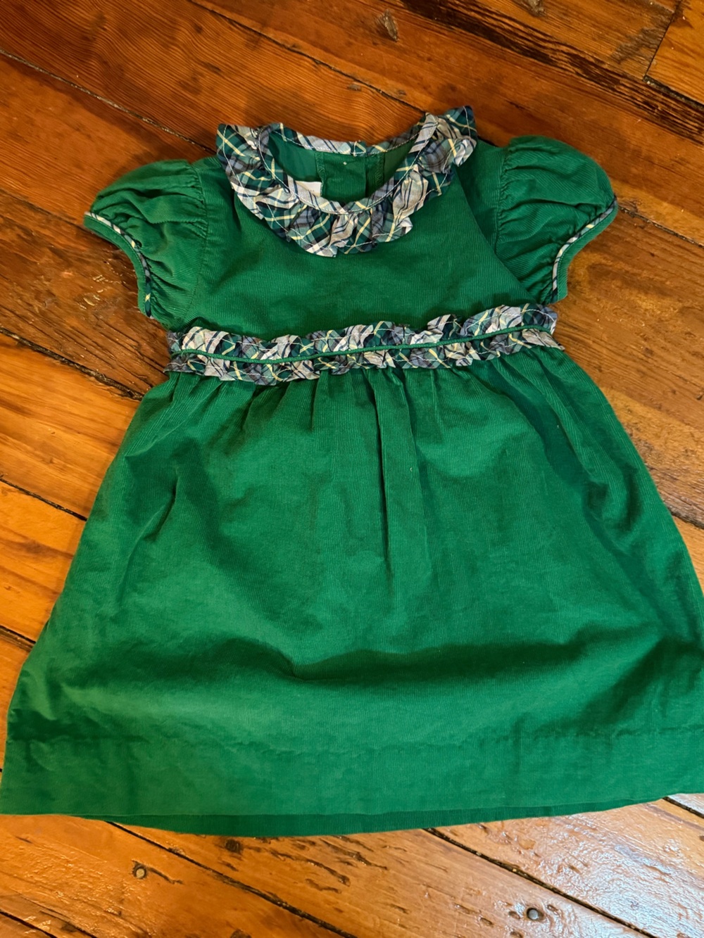 Little English Green Corduroy Dress with Plaid Trim, Size 24M